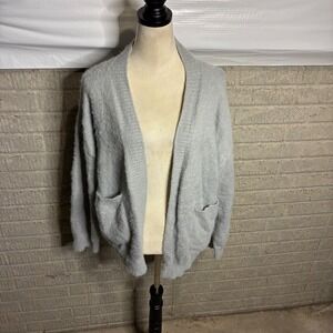& Merci Gray Fuzzy Knit Cardigan Sweater Women's Size L Cozy Soft Lounge‎